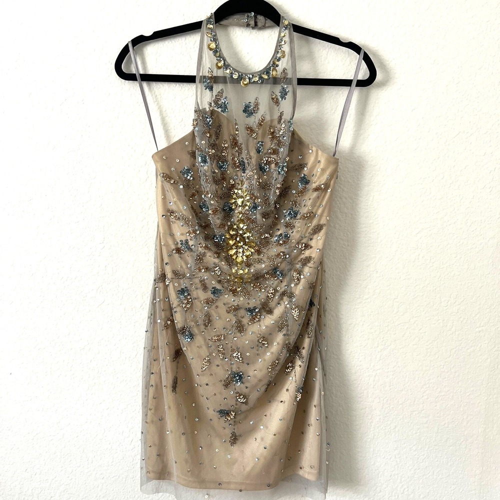 Happy Joe's Sz M Halter Sequin Beaded Party Dress Beige Cocktail Hoco Prom Glam - Picture 1 of 11